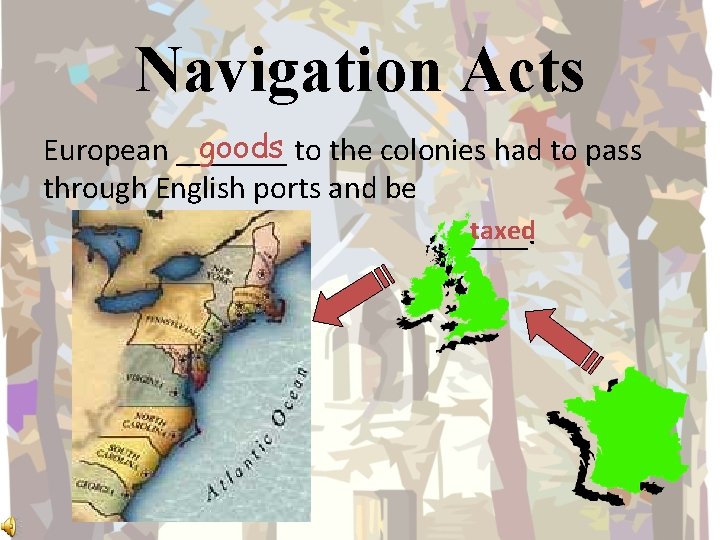 Navigation Acts goods to the colonies had to pass European _______ through English ports