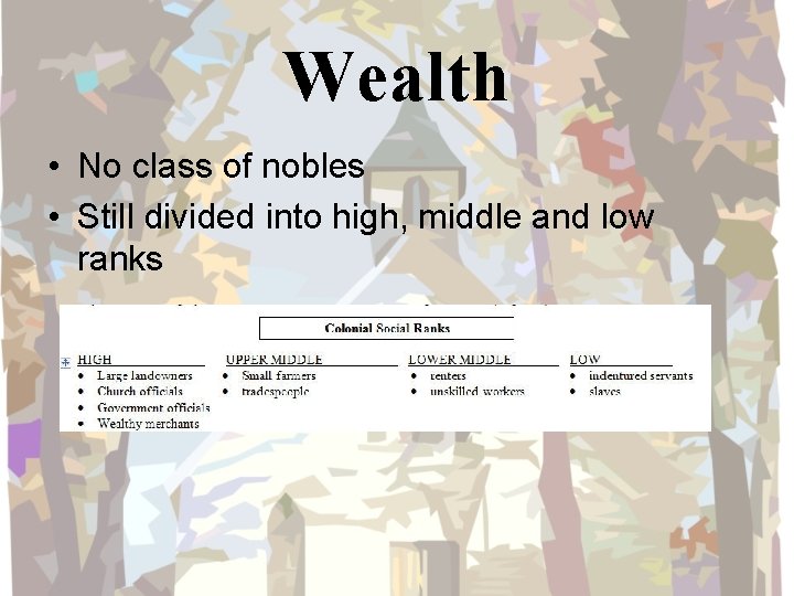Wealth • No class of nobles • Still divided into high, middle and low