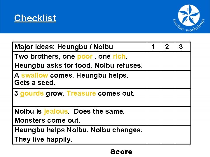 Checklist Major Ideas: Heungbu / Nolbu Two brothers, one poor , one rich. Heungbu