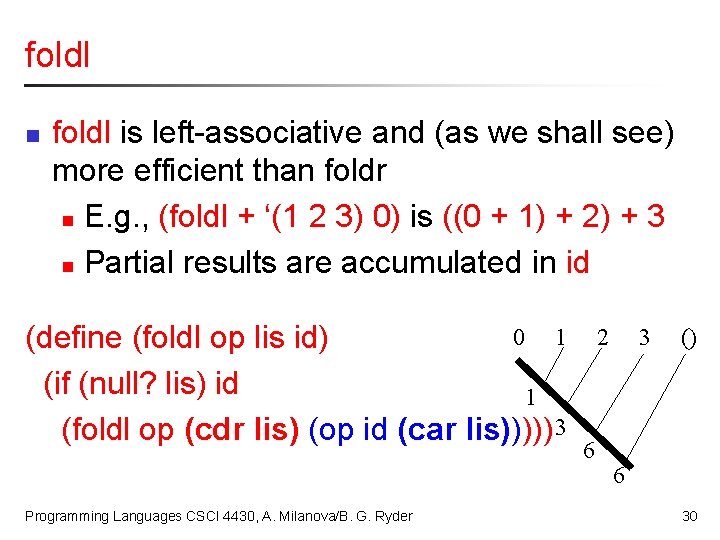 foldl n foldl is left-associative and (as we shall see) more efficient than foldr