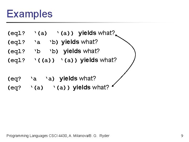 Examples (eql? (eq? ‘(a)) yields what? ‘a ‘b) yields what? ‘b ‘b) yields what?