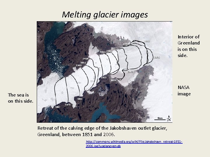 Melting glacier images Interior of Greenland is on this side. NASA image The sea