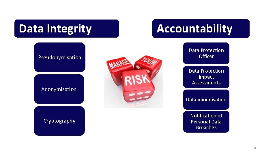 Data Integrity Pseudonymisation Anonymization Accountability Data Protection Officer Data Protection Impact Assessments Data minimisation