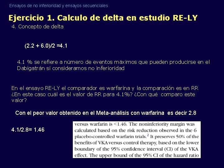 Ensayos de no inferioridad y ensayos secuenciales Ejercicio 1. Calculo de delta en estudio Ensayos de no inferioridad y ensayos secuenciales Ejercicio 1. Calculo de delta en estudio