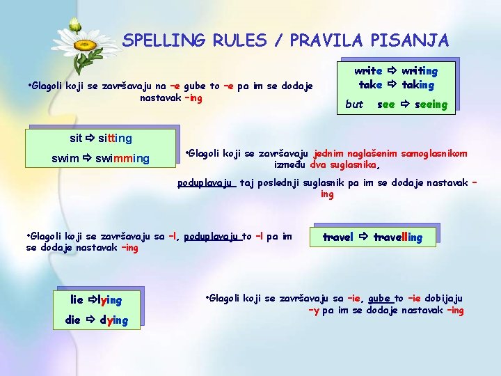 SPELLING RULES / PRAVILA PISANJA • Glagoli koji se završavaju na –e gube to