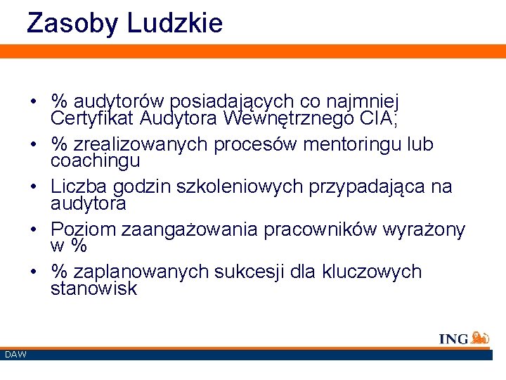 Zasoby Ludzkie • % audytorów posiadających co najmniej Certyfikat Audytora Wewnętrznego CIA; • %