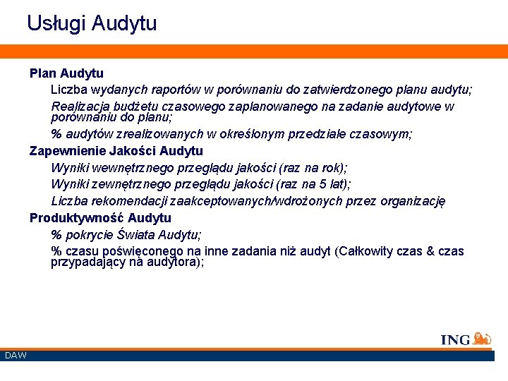 Usługi Audytu Plan Audytu Liczba wydanych raportów w porównaniu do zatwierdzonego planu audytu; Realizacja