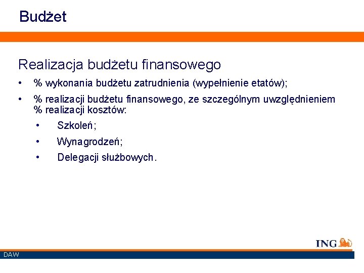 Budżet Realizacja budżetu finansowego • % wykonania budżetu zatrudnienia (wypełnienie etatów); • % realizacji