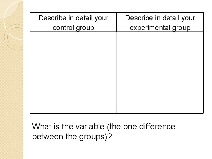 Describe in detail your control group Describe in detail your experimental group What is