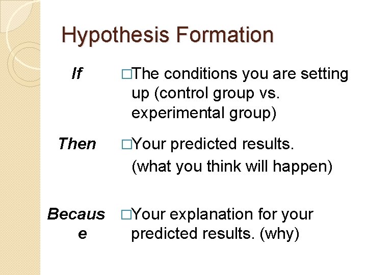 Hypothesis Formation If �The conditions you are setting up (control group vs. experimental group)