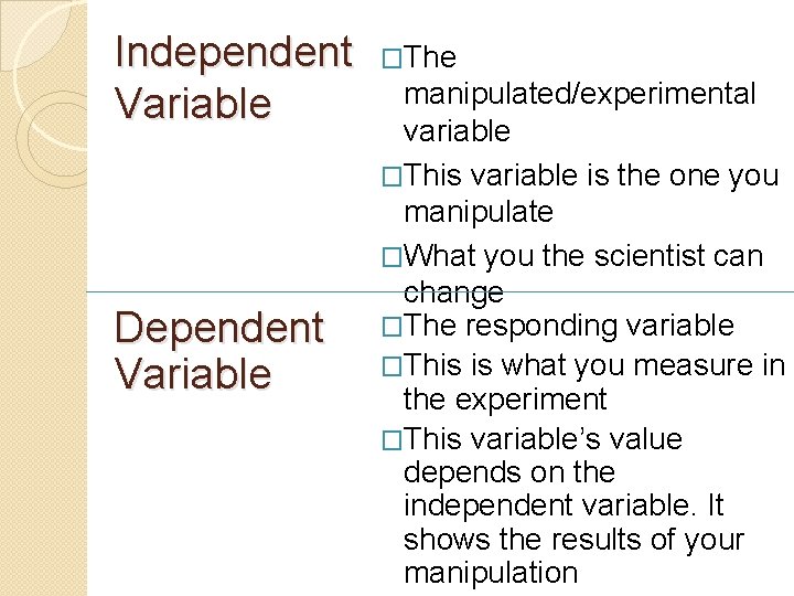 Independent Variable Dependent Variable �The manipulated/experimental variable �This variable is the one you manipulate