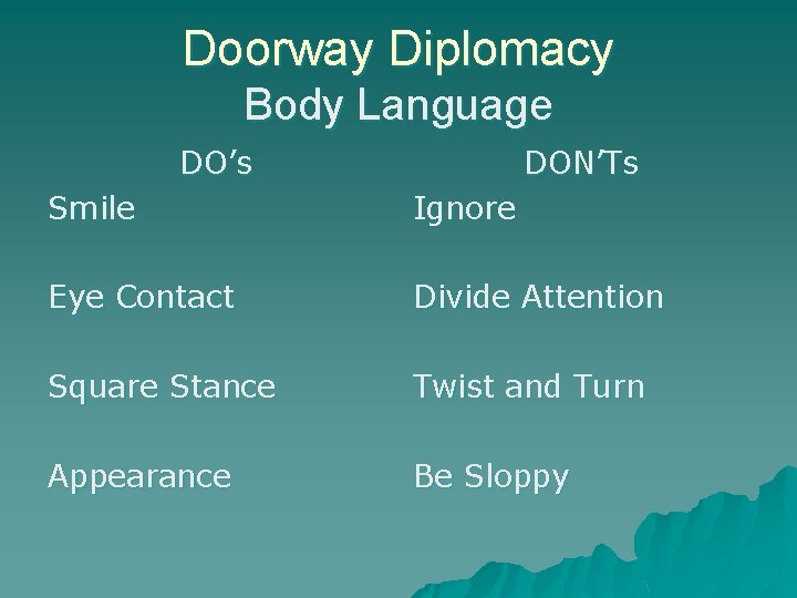 Doorway Diplomacy Body Language DO’s DON’Ts Smile Ignore Eye Contact Divide Attention Square Stance