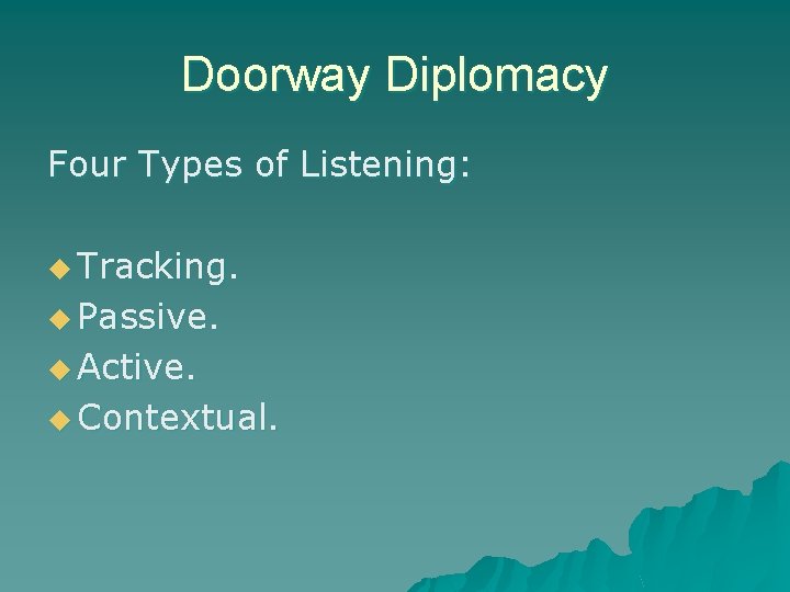 Doorway Diplomacy Four Types of Listening: u Tracking. u Passive. u Active. u Contextual.