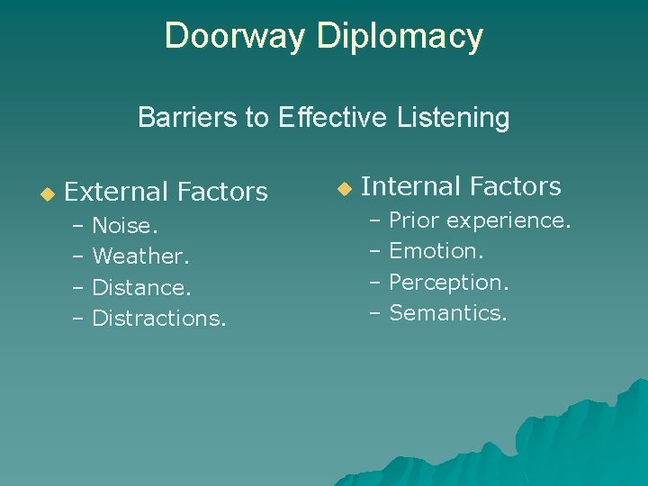 Doorway Diplomacy Barriers to Effective Listening u External Factors – Noise. – Weather. –
