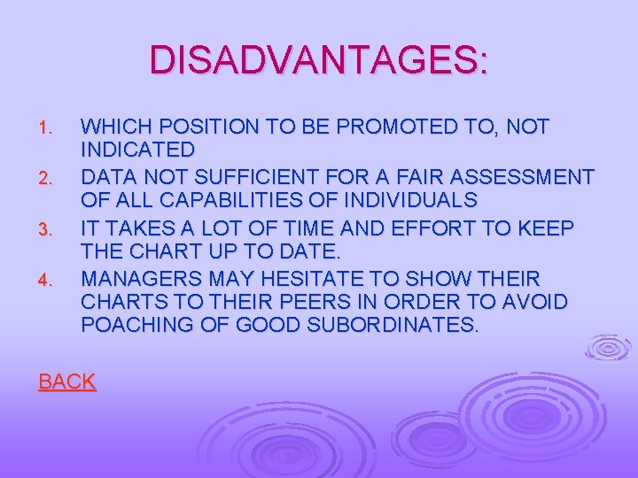 DISADVANTAGES: 1. 2. 3. 4. WHICH POSITION TO BE PROMOTED TO, NOT INDICATED DATA