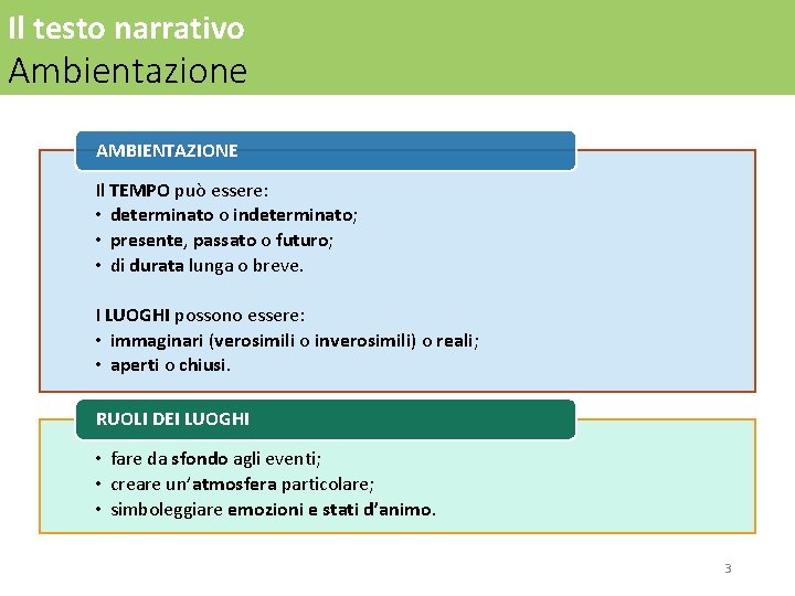 Il testo narrativo Ambientazione AMBIENTAZIONE Il TEMPO può essere: • determinato o indeterminato; •