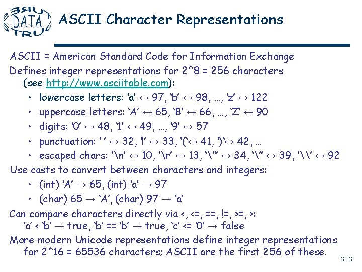 ASCII Character Representations ASCII = American Standard Code for Information Exchange Defines integer representations ASCII Character Representations ASCII = American Standard Code for Information Exchange Defines integer representations