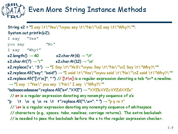 Even More String Instance Methods String s 2 = "I say t"Yes"nyou say t"No"n. Even More String Instance Methods String s 2 = "I say t"Yes"nyou say t"No"n.