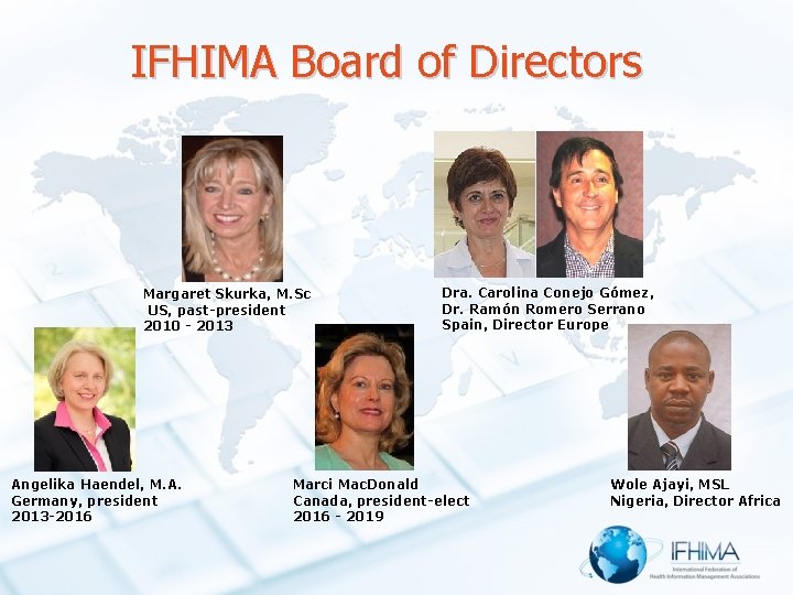 IFHIMA Board of Directors Margaret Skurka, M. Sc US, past-president 2010 - 2013 Angelika