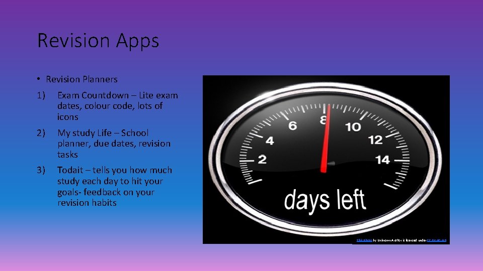 Revision Apps • Revision Planners 1) Exam Countdown – Lite exam dates, colour code,