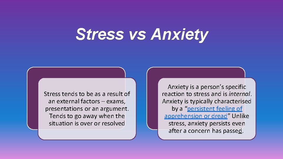 Stress vs Anxiety Stress tends to be as a result of an external factors