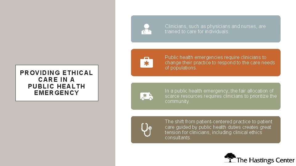 Clinicians, such as physicians and nurses, are trained to care for individuals. PROVI DING