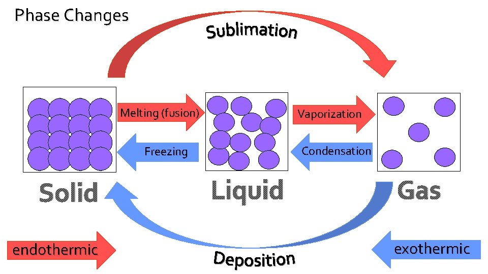 Phase Changes Melting (fusion) Vaporization Condensation Freezing Solid endothermic Liquid Gas exothermic 