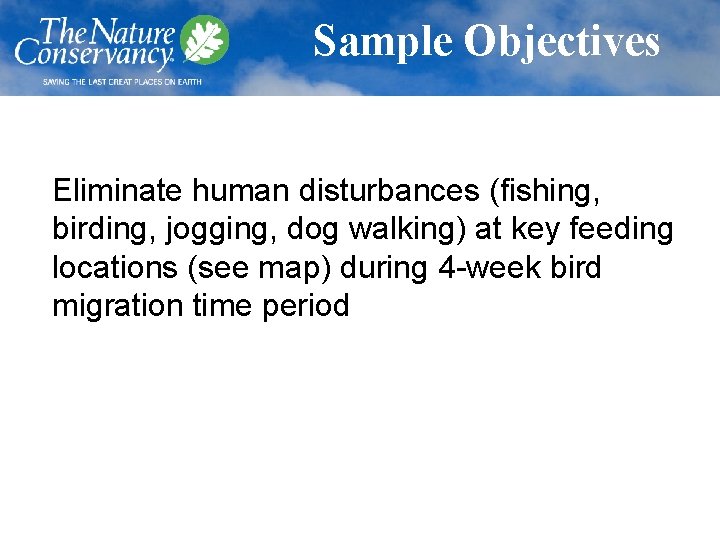 Sample Objectives Eliminate human disturbances (fishing, birding, jogging, dog walking) at key feeding locations