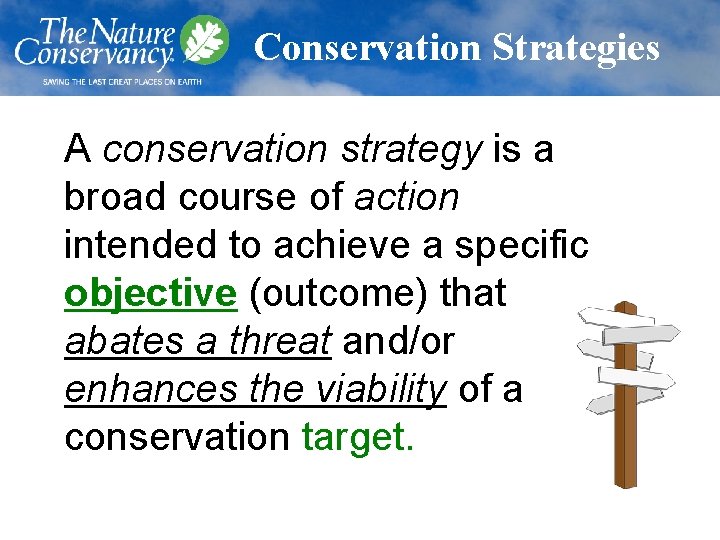 Conservation Strategies A conservation strategy is a broad course of action intended to achieve