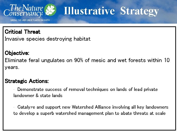 Illustrative Strategy Critical Threat Invasive species destroying habitat Objective: Eliminate feral ungulates on 90%