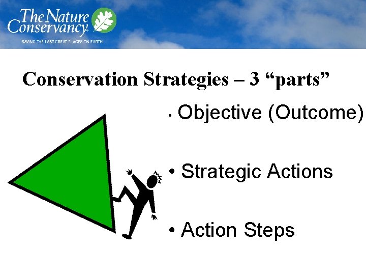 Conservation Strategies – 3 “parts” • Objective (Outcome) • Strategic Actions • Action Steps