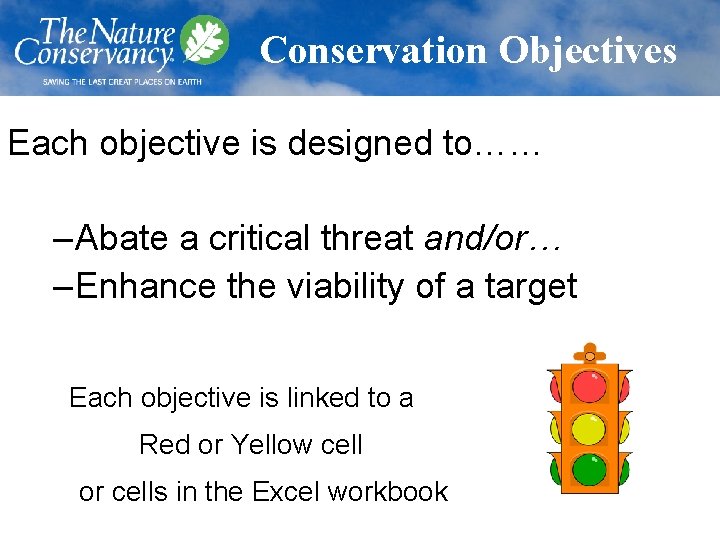 Conservation Objectives Each objective is designed to…… – Abate a critical threat and/or… –