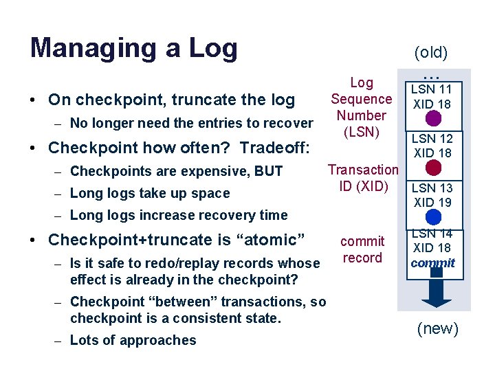 Managing a Log • On checkpoint, truncate the log – No longer need the