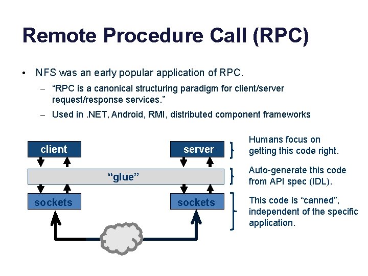 Remote Procedure Call (RPC) • NFS was an early popular application of RPC. –