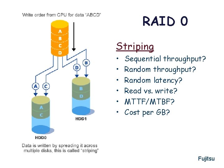 RAID 0 Striping • • • Sequential throughput? Random latency? Read vs. write? MTTF/MTBF?