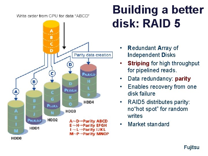 Building a better disk: RAID 5 • Redundant Array of Independent Disks • Striping