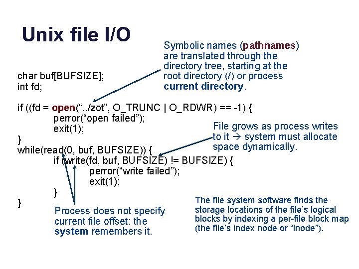 Unix file I/O char buf[BUFSIZE]; int fd; Symbolic names (pathnames) are translated through the