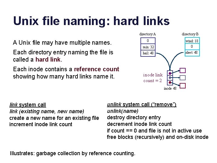 Unix file naming: hard links directory A A Unix file may have multiple names. Unix file naming: hard links directory A A Unix file may have multiple names.