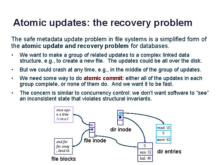 Atomic updates: the recovery problem The safe metadata update problem in file systems is Atomic updates: the recovery problem The safe metadata update problem in file systems is