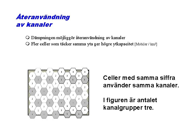 Återanvändning av kanaler m Dämpningen möjliggör återanvändning av kanaler m Fler celler som täcker