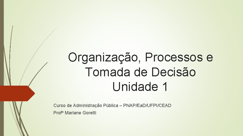 Organização, Processos e Tomada de Decisão Unidade 1 Curso de Administração Pública – PNAP/Ea.