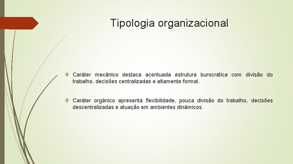 Tipologia organizacional Caráter mecânico destaca acentuada estrutura burocrática com divisão do trabalho, decisões centralizadas