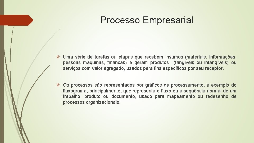 Processo Empresarial Uma série de tarefas ou etapas que recebem insumos (materiais, informações, pessoas