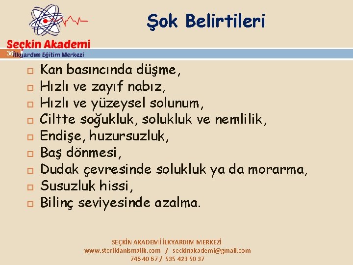 Şok Belirtileri 36 Kan basıncında düşme, Hızlı ve zayıf nabız, Hızlı ve yüzeysel solunum,