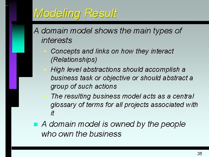 Modeling Result A domain model shows the main types of interests • Concepts and