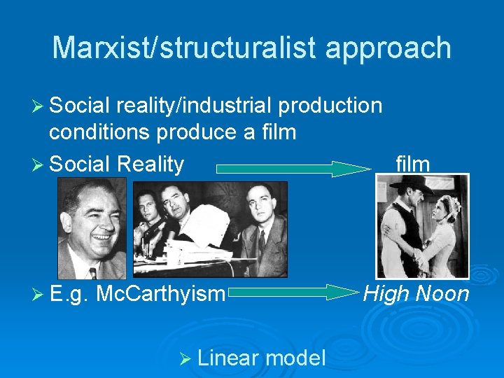 Marxist/structuralist approach Ø Social reality/industrial production conditions produce a film Ø Social Reality Ø