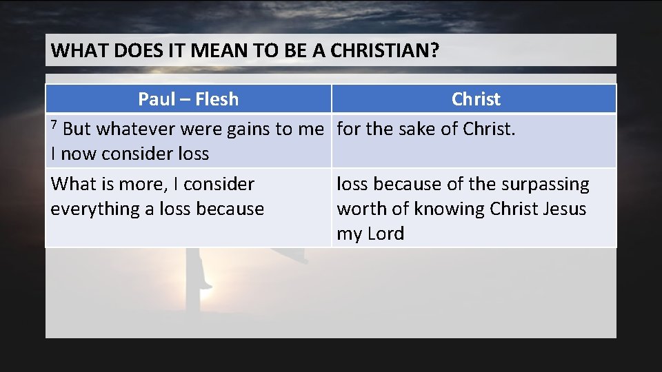 WHAT DOES IT MEAN TO BE A CHRISTIAN? Paul – Flesh Christ 7 But WHAT DOES IT MEAN TO BE A CHRISTIAN? Paul – Flesh Christ 7 But