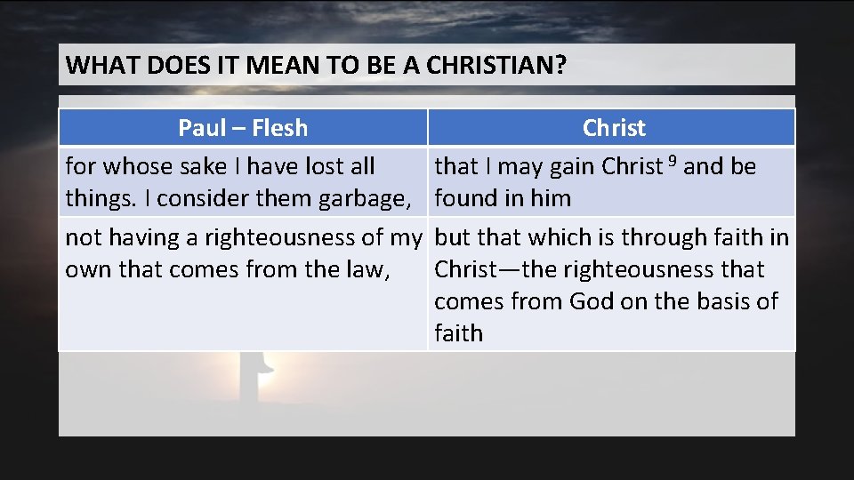 WHAT DOES IT MEAN TO BE A CHRISTIAN? Paul – Flesh for whose sake WHAT DOES IT MEAN TO BE A CHRISTIAN? Paul – Flesh for whose sake