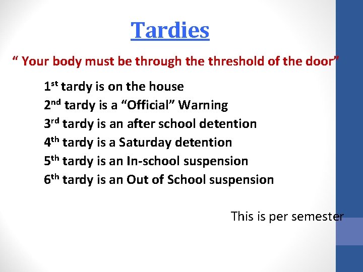 Tardies “ Your body must be through the threshold of the door” 1 st