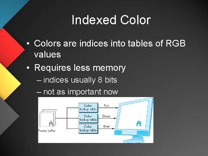 Indexed Color • Colors are indices into tables of RGB values • Requires less